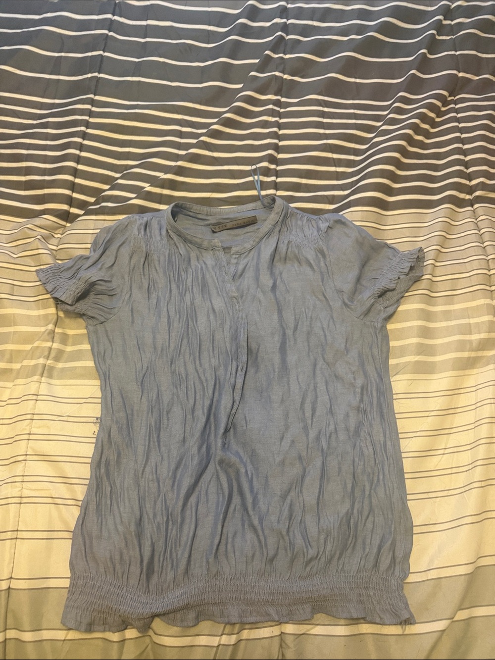 Zara Light Blue Short Sleeve Crinkle Blouse
